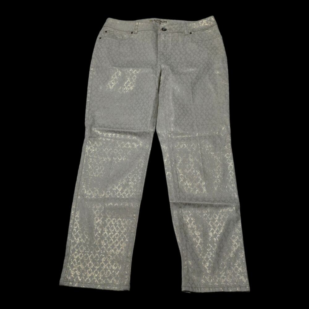 Chico's Platinum Gold Geometric Print Stretch Straight High Waist Jeans Size 6